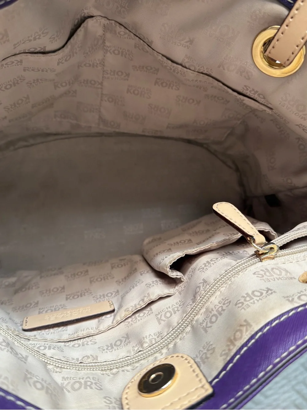 Michael Kors Purple Tote with Tan Shoulder Straps and Gold Hardware